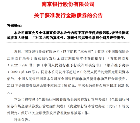  南京银行获准发行不超过200亿元金融债券 股价平收