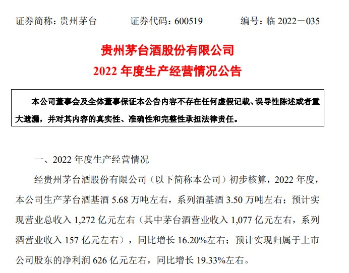 贵州茅台：预计全年营收约1272亿元 同比增长16.2%左右