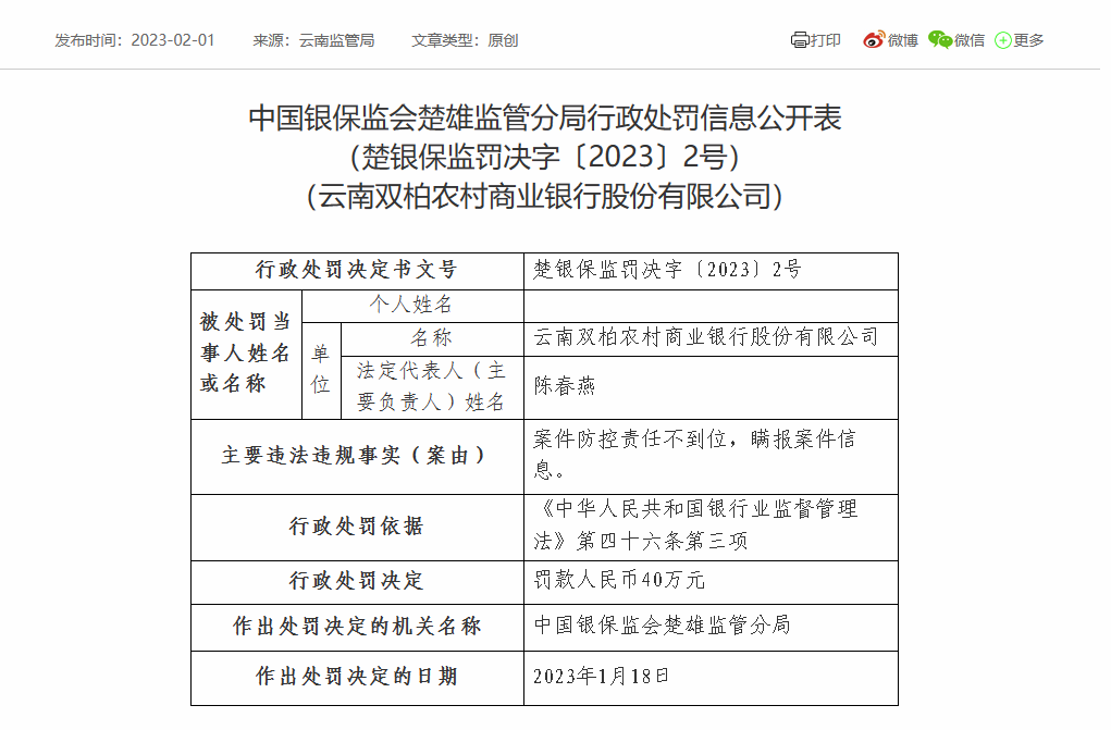  云南双柏农商银行合计被罚70万：因案件防控责任不到位等