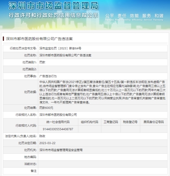 深圳市都市医药股份公司广告违法 被宝安区处罚